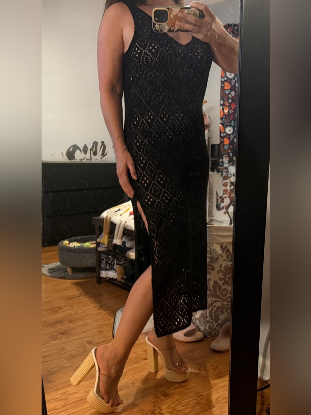 Pull&Bear Black Crochet Midi Dress with Side Slit